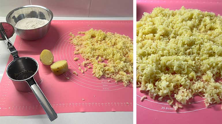 Gnocchi: scolare le patate, tagliarle a metà e schiacciarle con il passapatate.