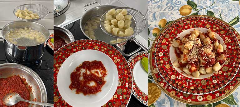 Condire gli gnocchi con un sugo di pomodoro e basilico o un ragù e del parmigiano.